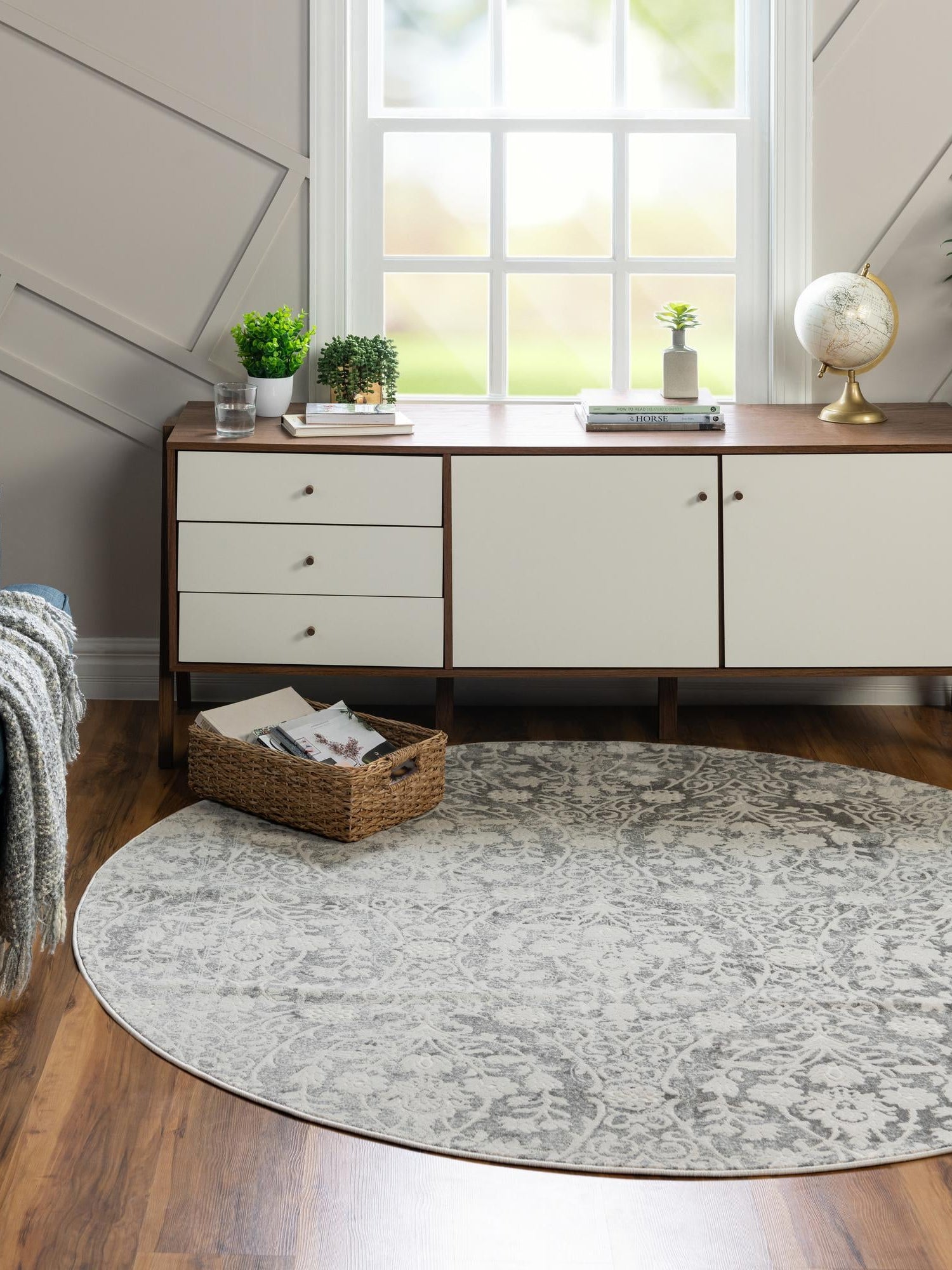 Light Gray 6' 1 x 6' 1 New Classical Round Area Rug 70% Polypropylene & 30% Polyester Traditional Vintage Distressed Carpet for Interior Design Home Decor for Sale at Rug Engine