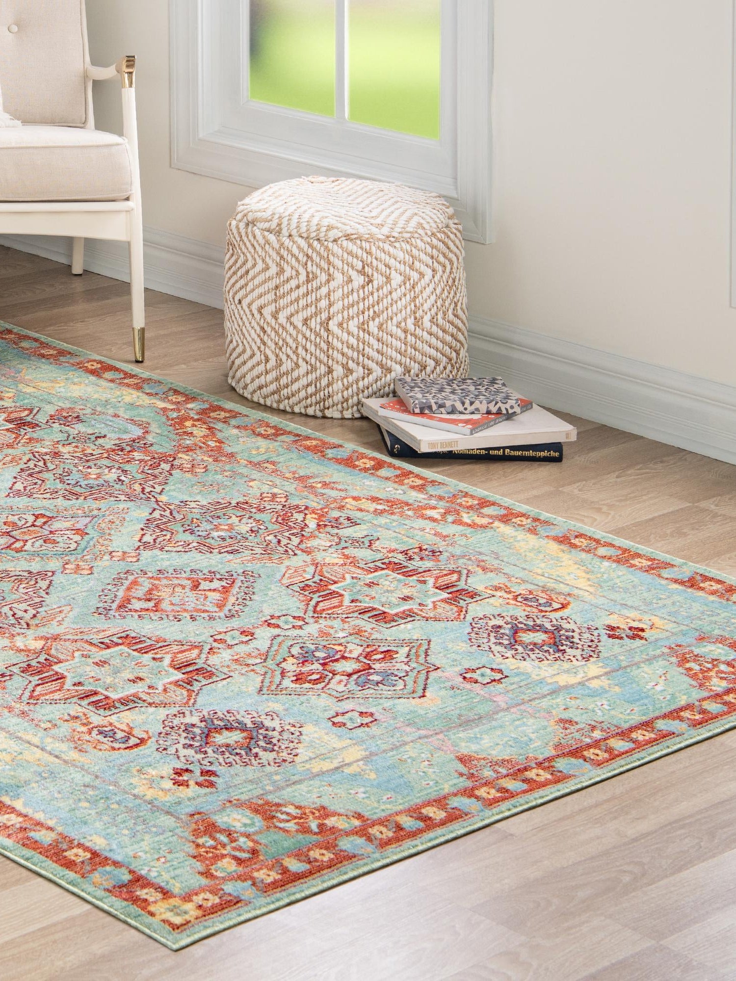 Green 7' x 10' Austin Rectangle Area Rug 100% Polyester Durable Cotton Backing Living Dining Room Bedroom Office Vintage Decor Carpet for Sale at Rug Engine