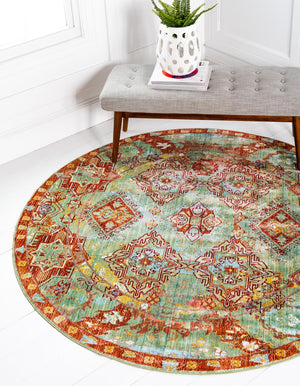 Green 6' 1 x 6' 1 Austin Round Area Rug 100% Polyester Durable Cotton Backing Living Dining Room Bedroom Office Vintage Decor Carpet for Sale at Rug Engine