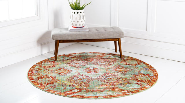 Green 6' 1 x 6' 1 Austin Round Area Rug 100% Polyester Durable Cotton Backing Living Dining Room Bedroom Office Vintage Decor Carpet for Sale at Rug Engine