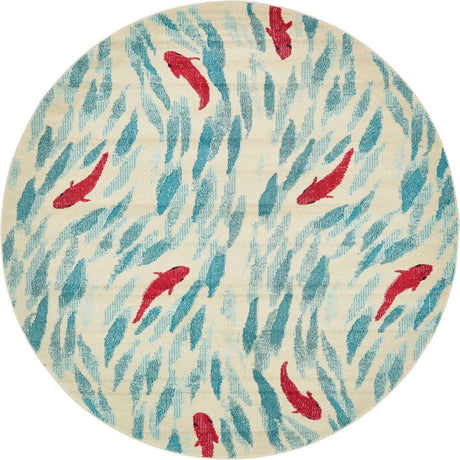 Beige 8' x 8' Positano Round Area Rug Coastal Marine Beach Design Carpet for Modern Living Rooms, Dining, Bedroom, Office for Sale at Rug Engine