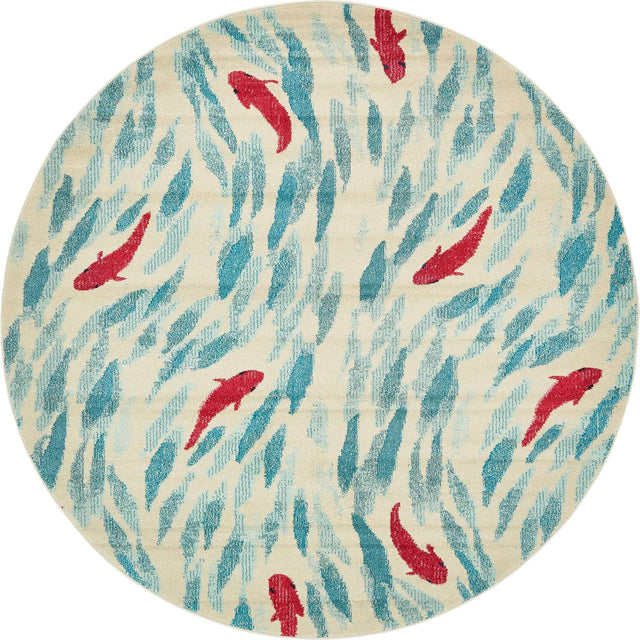 Beige 8' x 8' Positano Round Area Rug Coastal Marine Beach Design Carpet for Modern Living Rooms, Dining, Bedroom, Office for Sale at Rug Engine