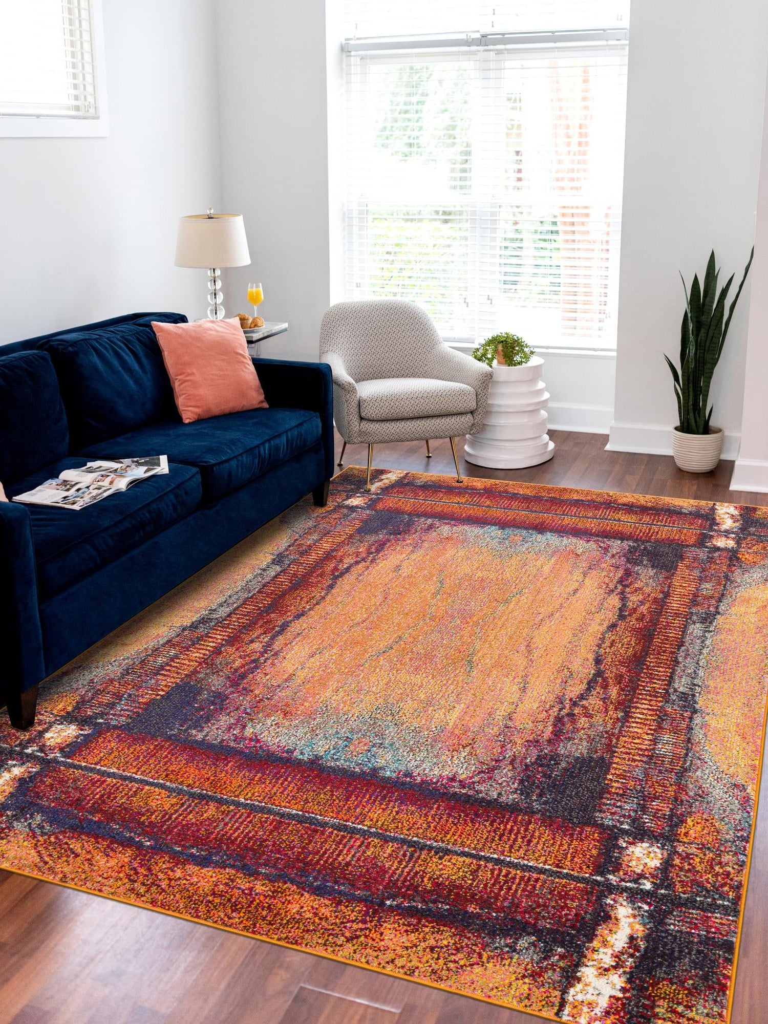 Orange 6' 1 x 9' Estrella Rectangle Area Rug 100% Polypropylene Non-Shedding Stain Resistant Carpet Colorful Modern Abstract Design Easy Clean for Home Decor for Sale at Rug Engine