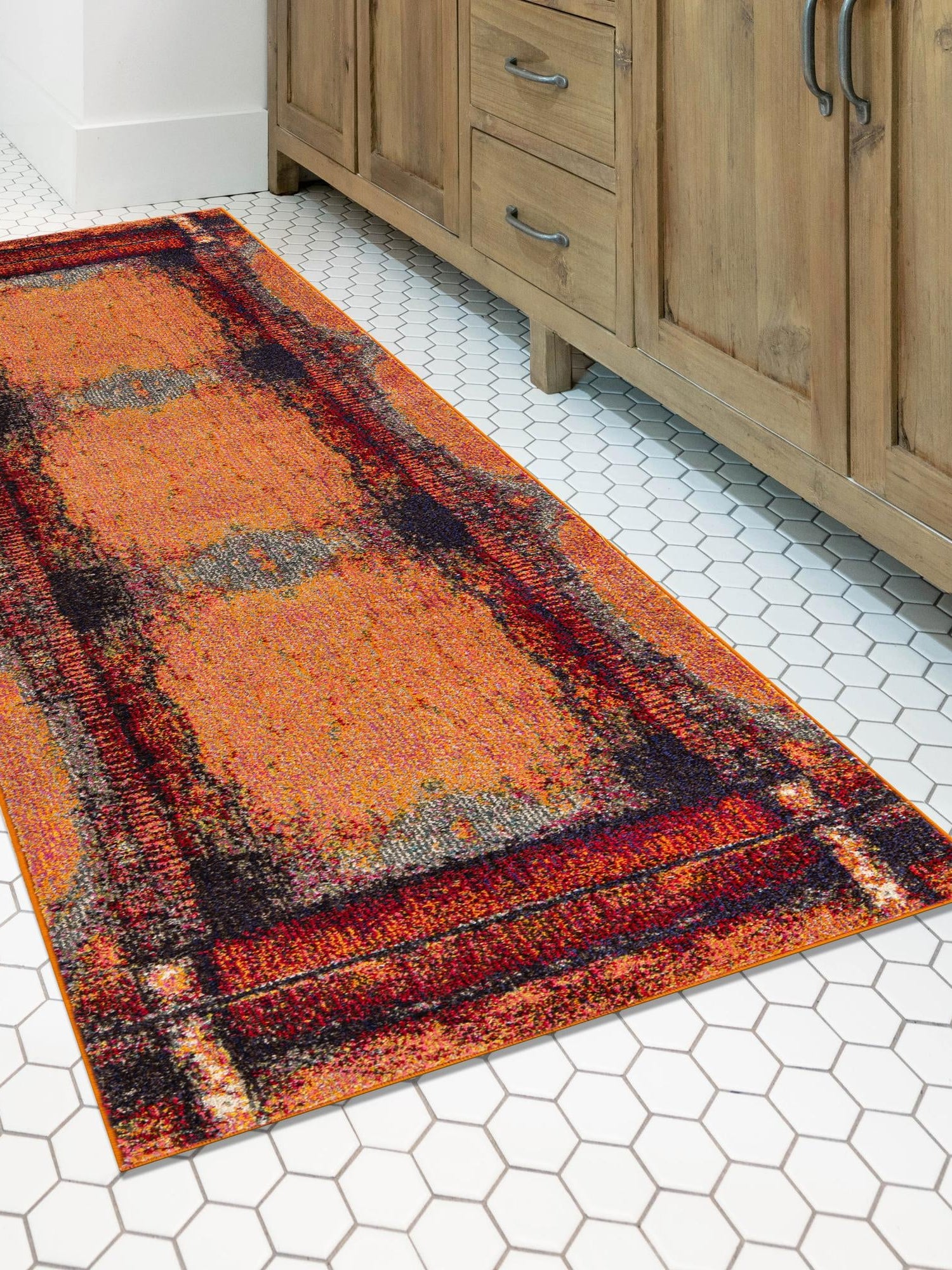 Orange 2' 7 x 12' Estrella Runner Area Rug 100% Polypropylene Non-Shedding Stain Resistant Carpet Colorful Modern Abstract Design Easy Clean for Home Decor for Sale at Rug Engine