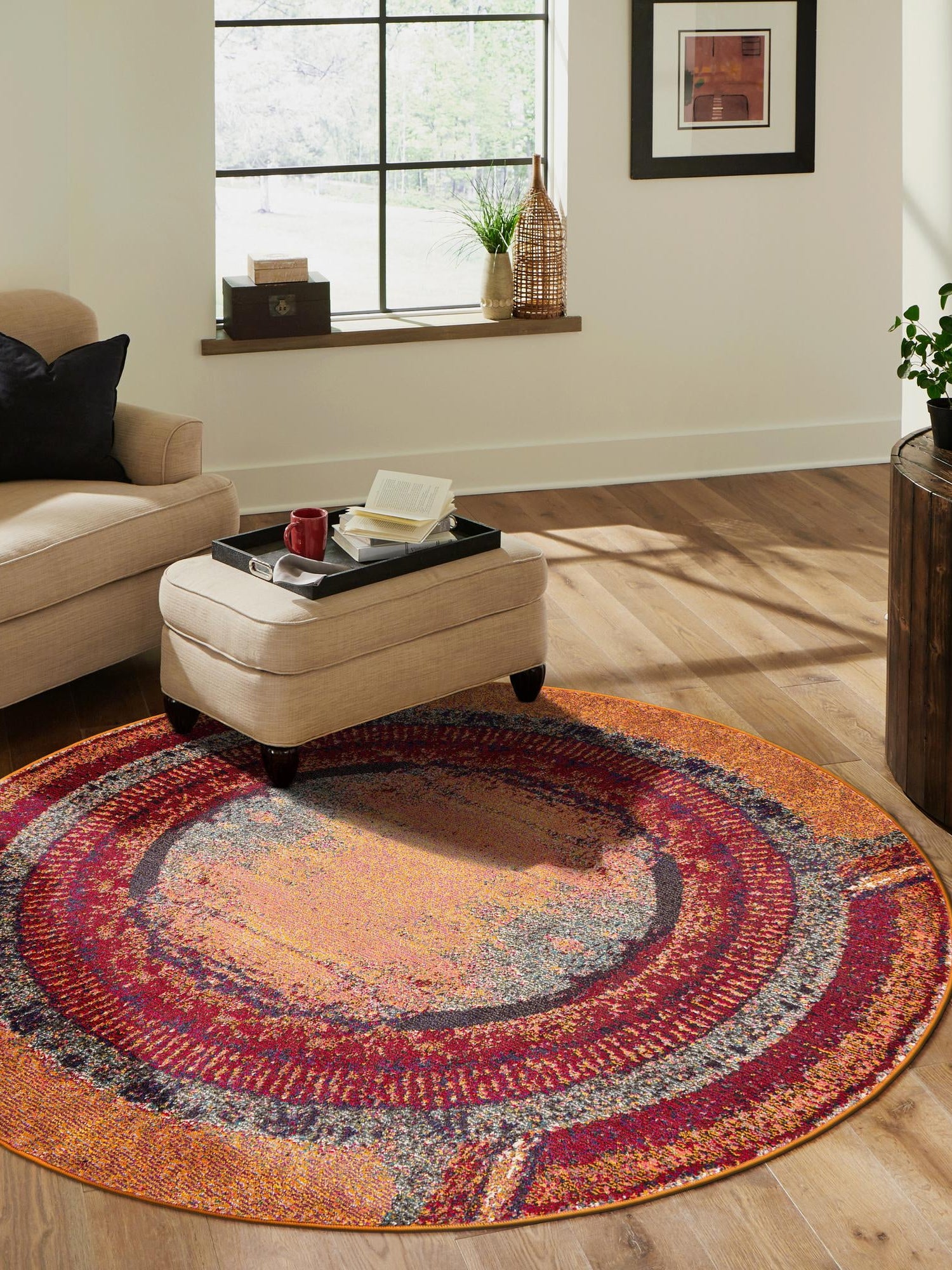 Orange 4' 1 x 4' 1 Estrella Round Area Rug 100% Polypropylene Non-Shedding Stain Resistant Carpet Colorful Modern Abstract Design Easy Clean for Home Decor for Sale at Rug Engine