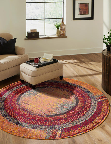 Orange 6' 1 x 6' 1 Estrella Round Area Rug 100% Polypropylene Non-Shedding Stain Resistant Carpet Colorful Modern Abstract Design Easy Clean for Home Decor for Sale at Rug Engine