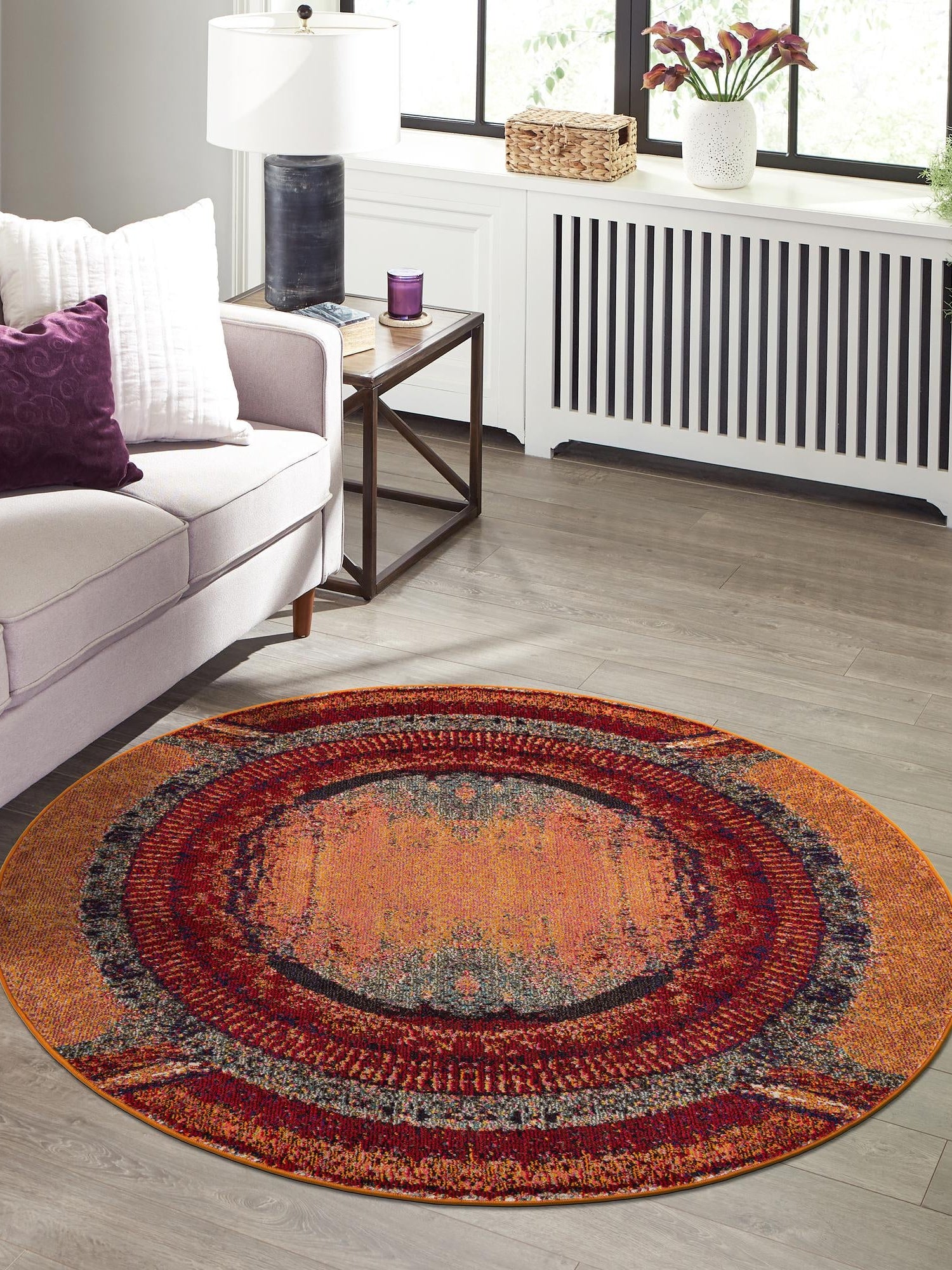 Orange 3' 3 x 3' 3 Estrella Round Area Rug 100% Polypropylene Non-Shedding Stain Resistant Carpet Colorful Modern Abstract Design Easy Clean for Home Decor for Sale at Rug Engine