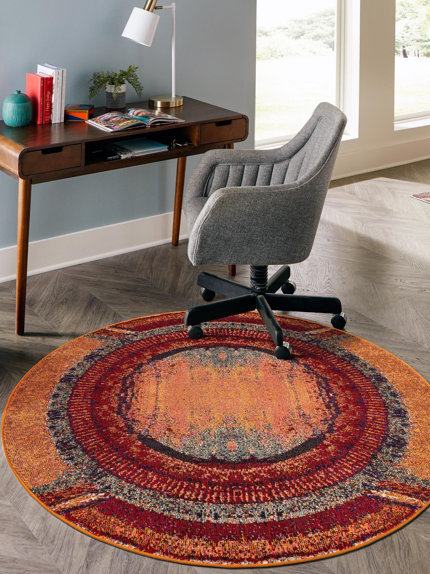 Orange 4' 1 x 4' 1 Estrella Round Area Rug 100% Polypropylene Non-Shedding Stain Resistant Carpet Colorful Modern Abstract Design Easy Clean for Home Decor for Sale at Rug Engine
