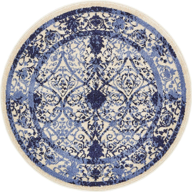 Ivory and Blue 3' 1 x 3' 1 La Jolla Round Area Rug 100% Polypropylene Traditional Pattern Easy Clean Carpet for Living, Dining, Bedroom, Office for Sale at Rug Engine