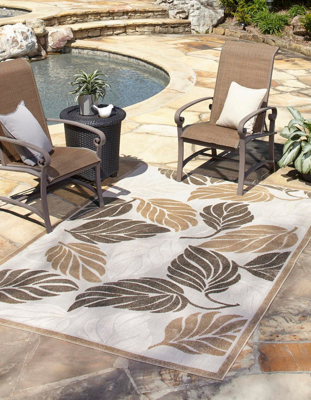 Beige 7' 1 x 10' Outdoor Botanical Rectangle Area Rug Weather Resistant for Patio, Deck, Terrace, Balcony, Porch Polypropylene Garden Floral Tropical Carpet for Sale at Rug Engine