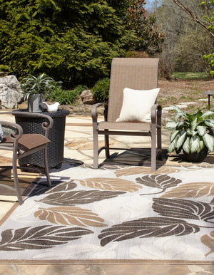 Beige 7' 1 x 10' Outdoor Botanical Rectangle Area Rug Weather Resistant for Patio, Deck, Terrace, Balcony, Porch Polypropylene Garden Floral Tropical Carpet for Sale at Rug Engine