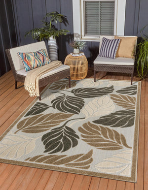 Beige 6' 1 x 9' Outdoor Botanical Rectangle Area Rug Weather Resistant for Patio, Deck, Terrace, Balcony, Porch Polypropylene Garden Floral Tropical Carpet for Sale at Rug Engine
