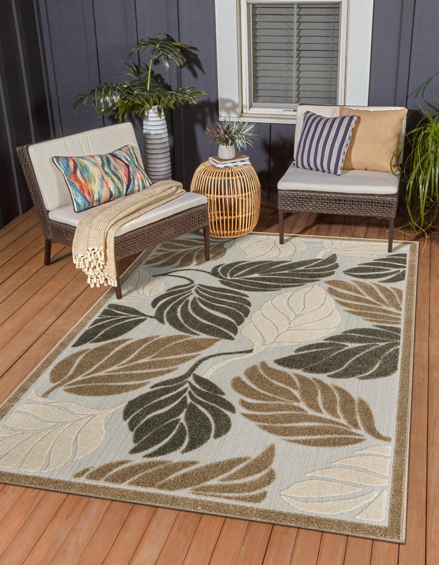 Beige 6' 1 x 9' Outdoor Botanical Rectangle Area Rug Weather Resistant for Patio, Deck, Terrace, Balcony, Porch Polypropylene Garden Floral Tropical Carpet for Sale at Rug Engine