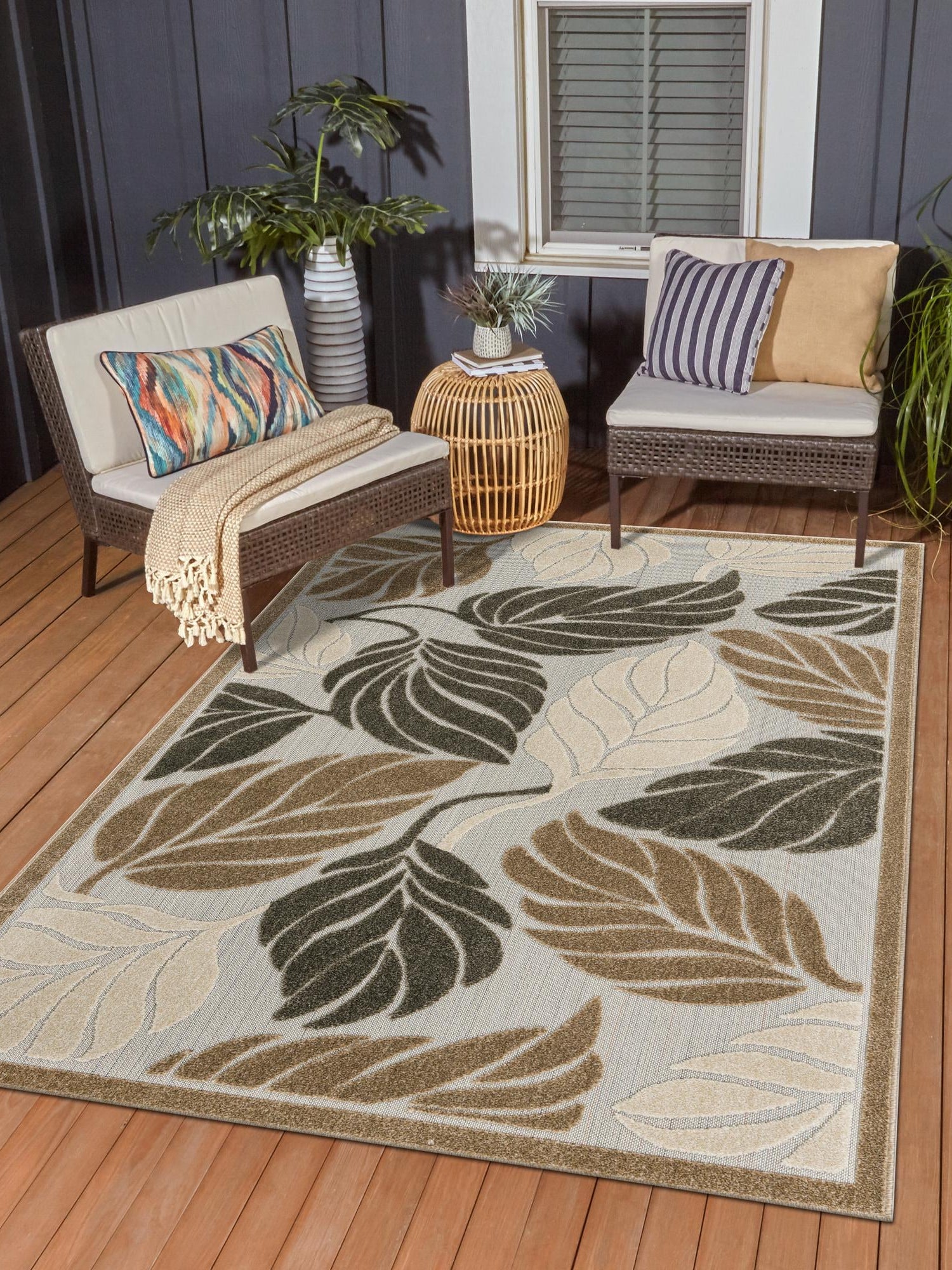 Beige 7' 1 x 10' Outdoor Botanical Rectangle Area Rug Weather Resistant for Patio, Deck, Terrace, Balcony, Porch Polypropylene Garden Floral Tropical Carpet for Sale at Rug Engine