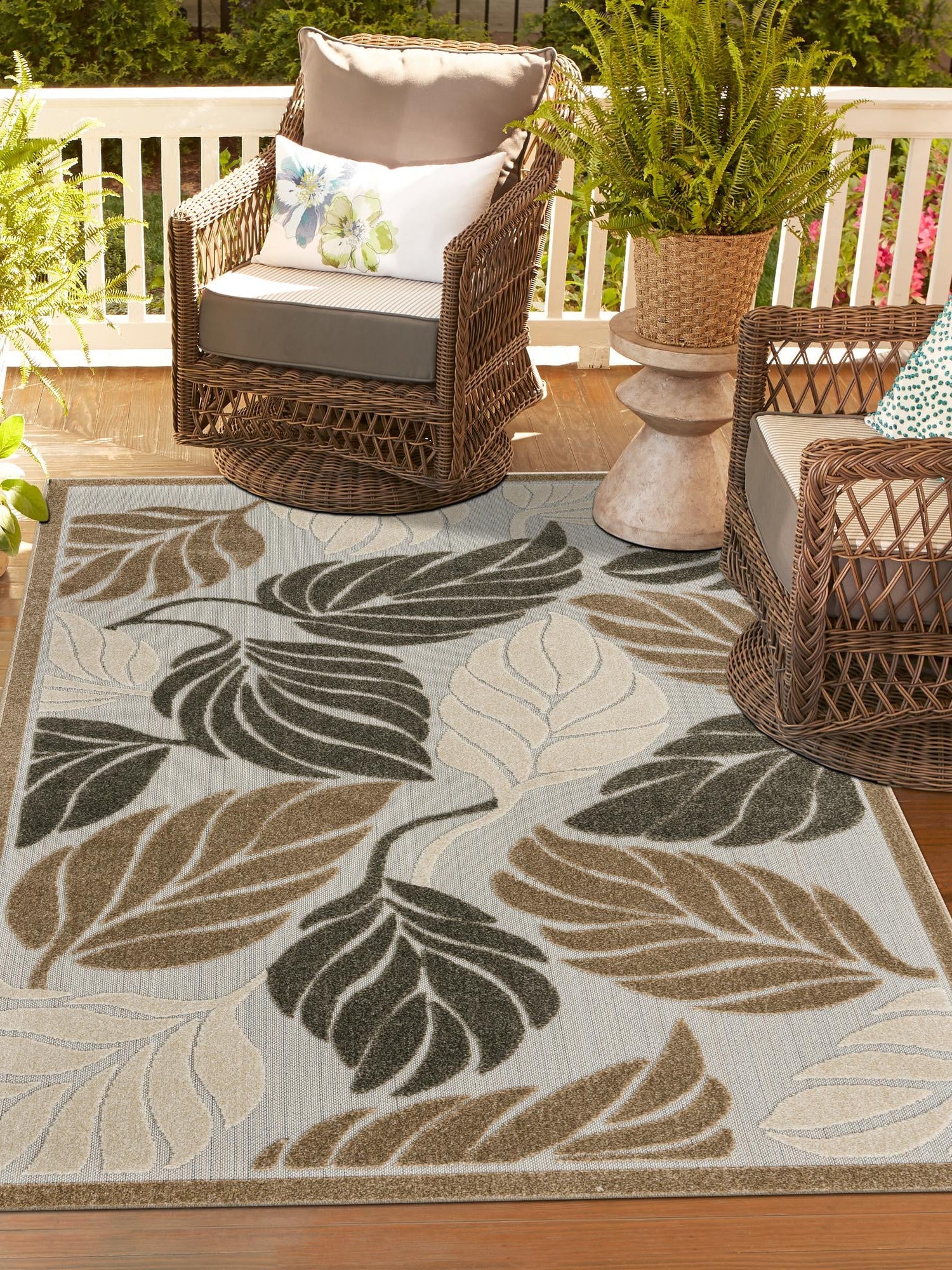 Beige 4' 1 x 6' 1 Outdoor Botanical Rectangle Area Rug Weather Resistant for Patio, Deck, Terrace, Balcony, Porch Polypropylene Garden Floral Tropical Carpet for Sale at Rug Engine