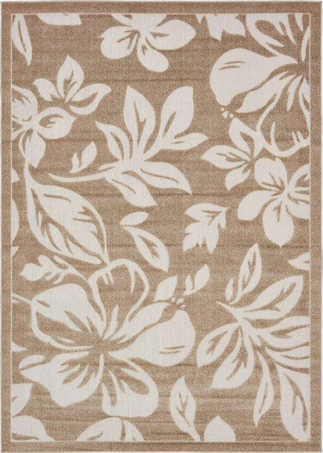 Beige 7' 1 x 10' Outdoor Botanical Rectangle Area Rug Weather Resistant for Patio, Deck, Terrace, Balcony, Porch