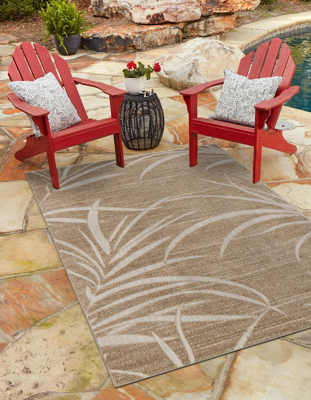 Beige 4' 1 x 6' 1 Outdoor Botanical Rectangle Area Rug Weather Resistant for Patio, Deck, Terrace, Balcony, Porch Polypropylene Garden Floral Tropical Carpet for Sale at Rug Engine