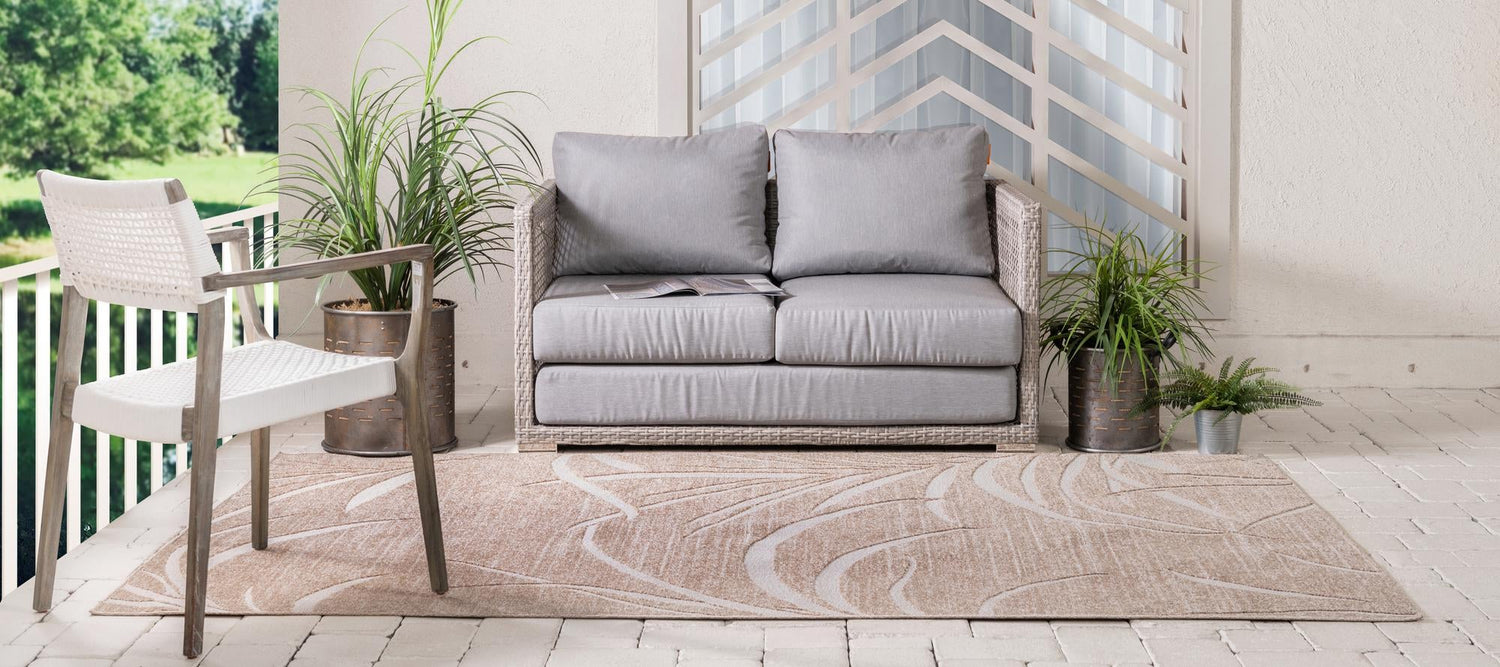 Beige 7' 1 x 10' Outdoor Botanical Rectangle Area Rug Weather Resistant for Patio, Deck, Terrace, Balcony, Porch Polypropylene Garden Floral Tropical Carpet for Sale at Rug Engine