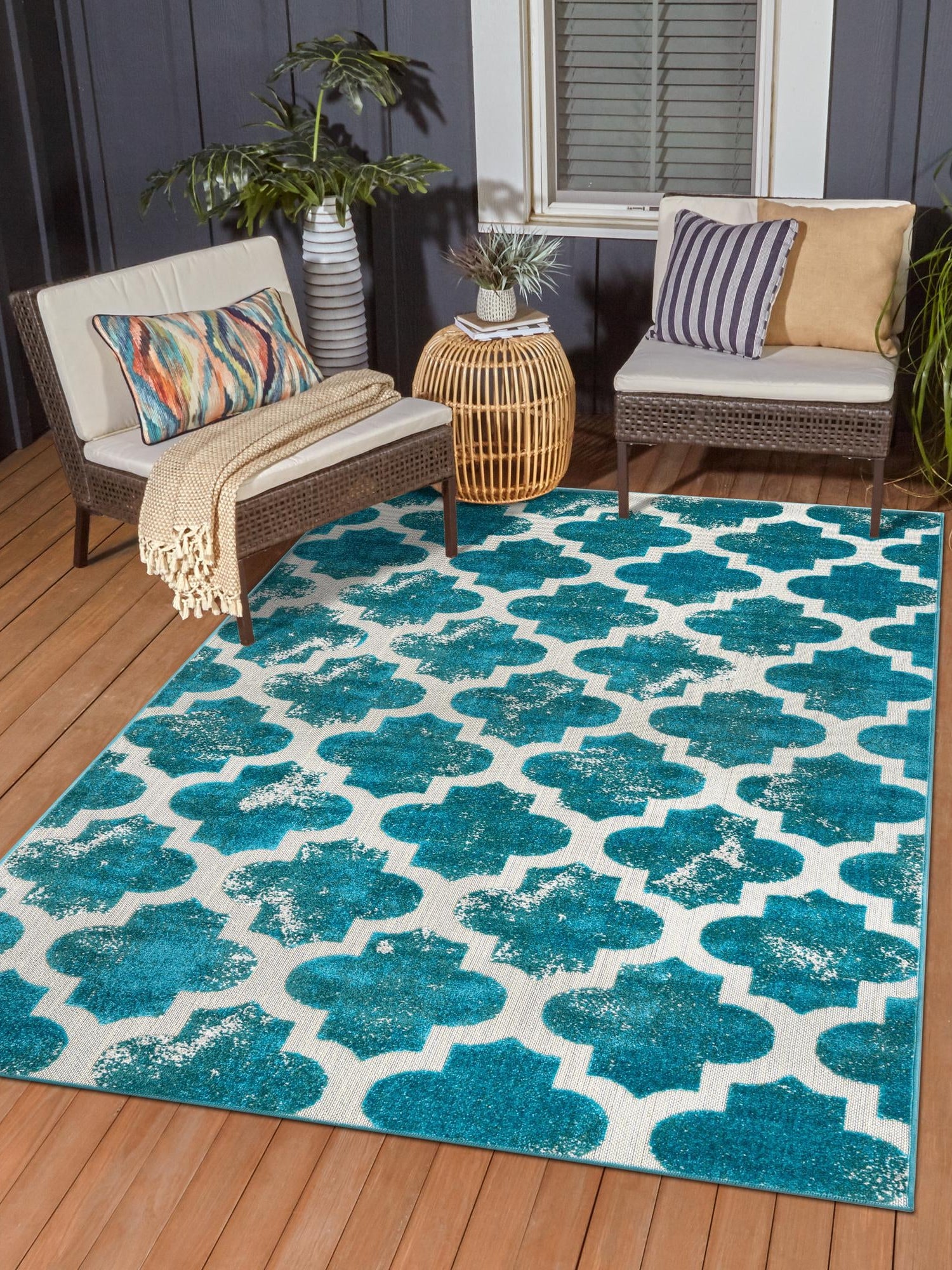 Turquoise 7' 1 x 10' Outdoor Trellis Rectangle Area Rug Weather Resistant for Patio, Deck, Terrace, Balcony, Porch Geometric Design Water Safe Outside Carpet for Sale at Rug Engine