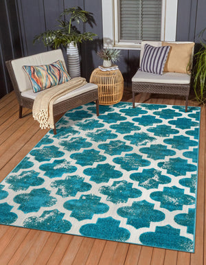 Turquoise 7' 1 x 10' Outdoor Trellis Rectangle Area Rug Weather Resistant for Patio, Deck, Terrace, Balcony, Porch Geometric Design Water Safe Outside Carpet for Sale at Rug Engine