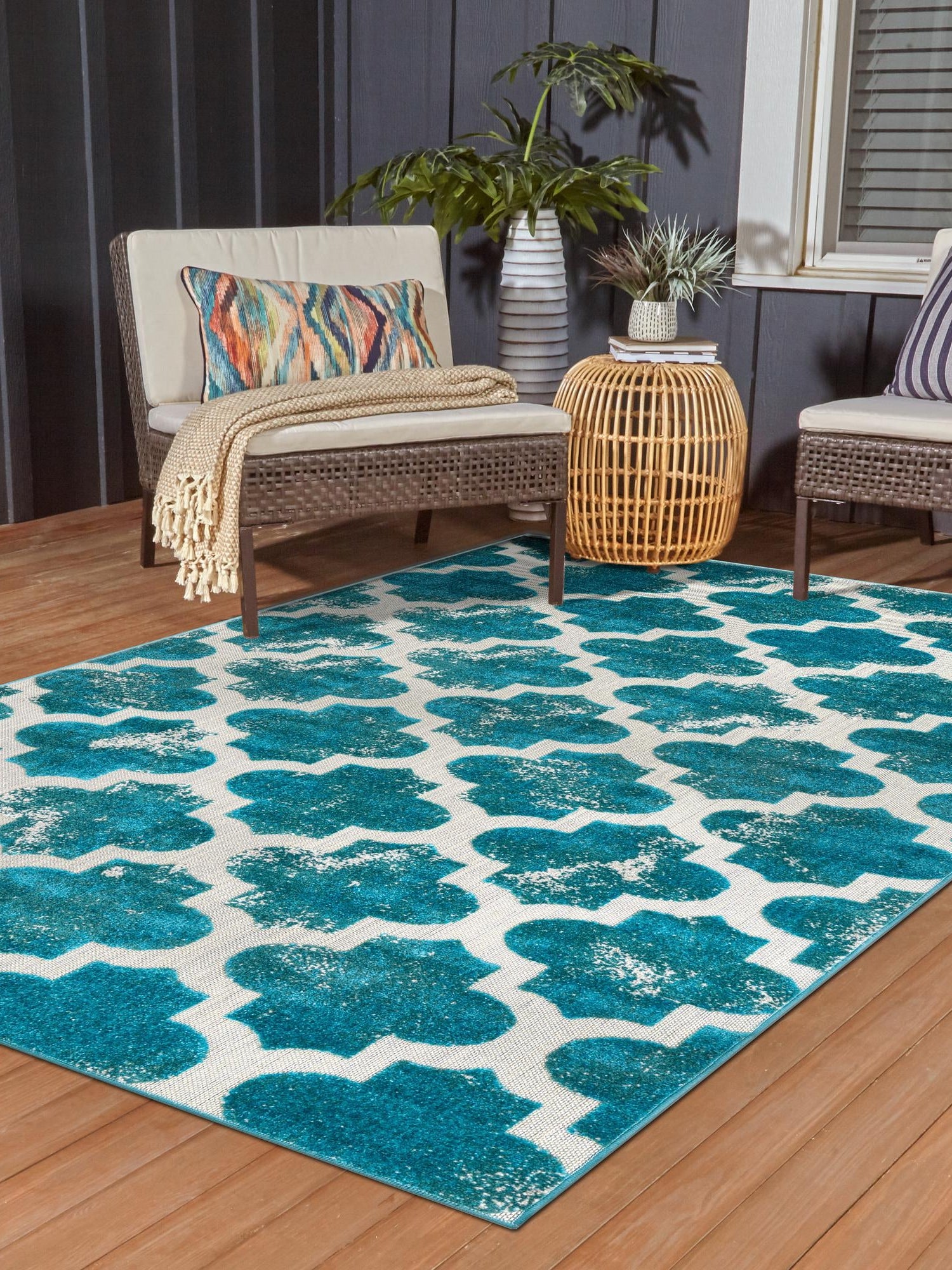 Turquoise 6' 1 x 9' Outdoor Trellis Rectangle Area Rug Weather Resistant for Patio, Deck, Terrace, Balcony, Porch Geometric Design Water Safe Outside Carpet for Sale at Rug Engine