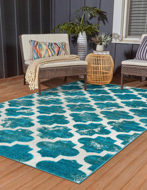 Turquoise 7' 1 x 10' Outdoor Trellis Rectangle Area Rug Weather Resistant for Patio, Deck, Terrace, Balcony, Porch Geometric Design Water Safe Outside Carpet for Sale at Rug Engine