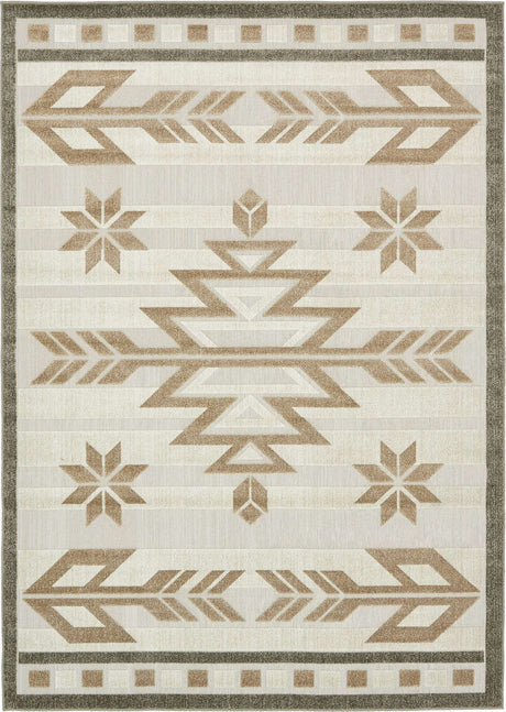 Beige 7' x 10' Outdoor Modern Rectangle Area Rug Weather Resistant for Patio, Deck, Terrace, Balcony, Porch