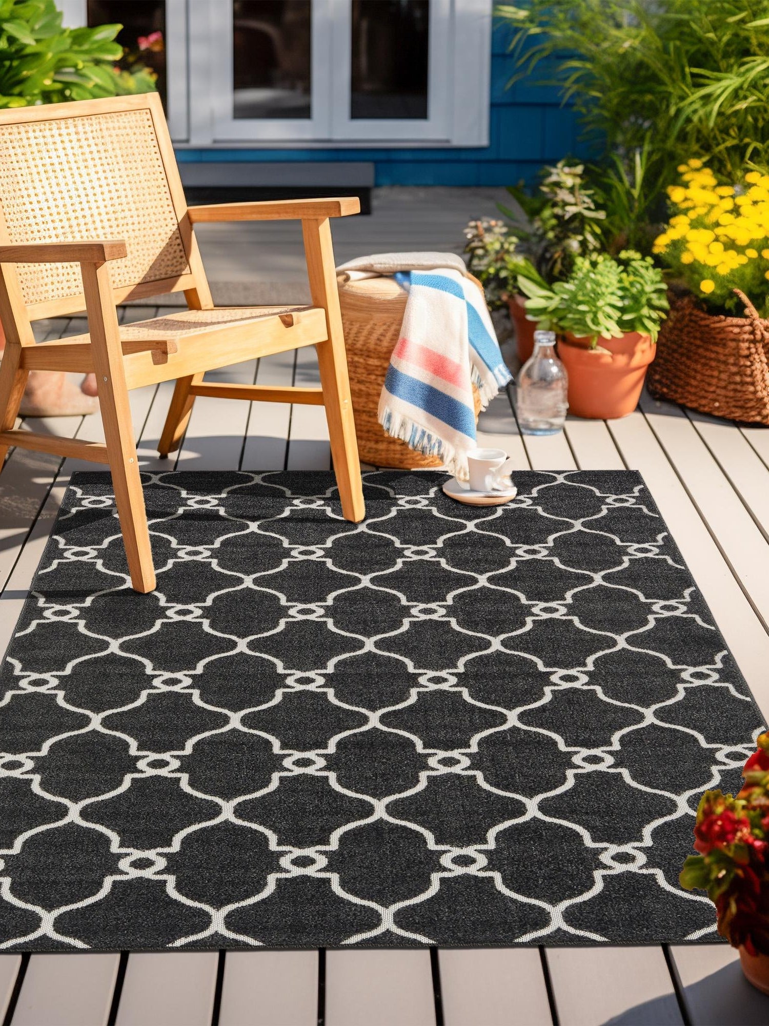 Black 7' 1 x 10' Outdoor Trellis Rectangle Area Rug Weather Resistant for Patio, Deck, Terrace, Balcony, Porch Geometric Design Water Safe Outside Carpet for Sale at Rug Engine