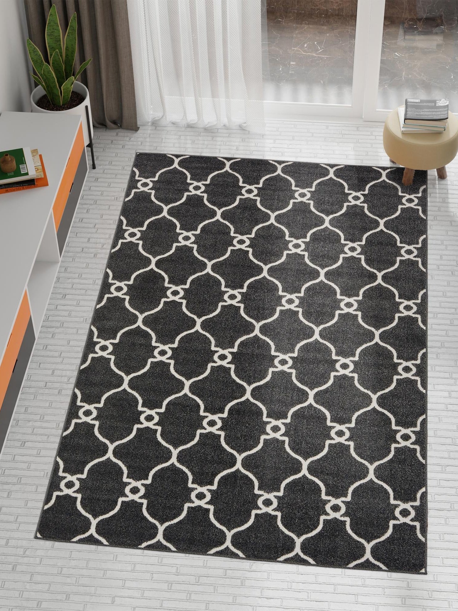 Black 7' 1 x 10' Outdoor Trellis Rectangle Area Rug Weather Resistant for Patio, Deck, Terrace, Balcony, Porch Geometric Design Water Safe Outside Carpet for Sale at Rug Engine