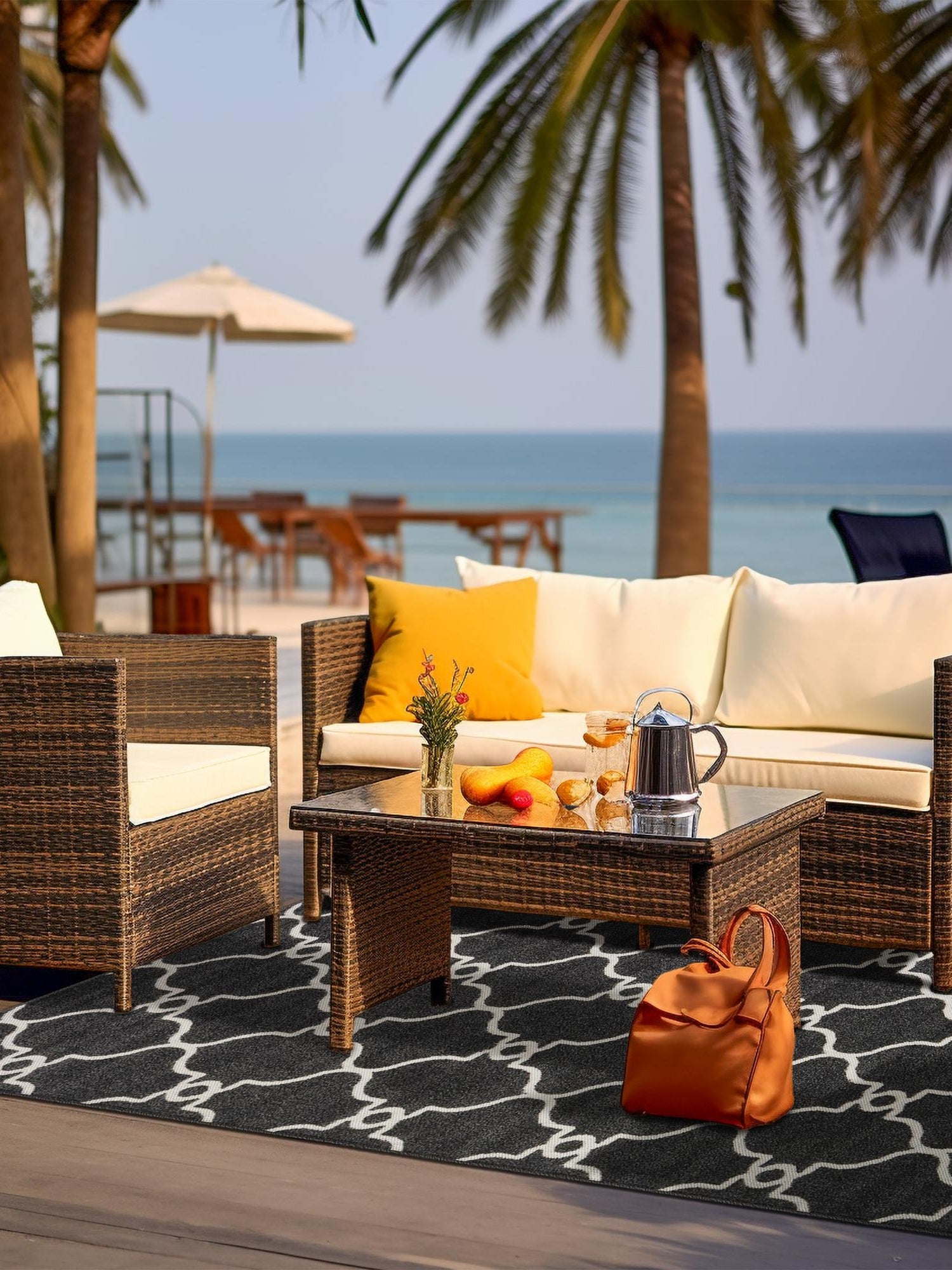 Black 5' 1 x 8' Outdoor Trellis Rectangle Area Rug Weather Resistant for Patio, Deck, Terrace, Balcony, Porch Geometric Design Water Safe Outside Carpet for Sale at Rug Engine