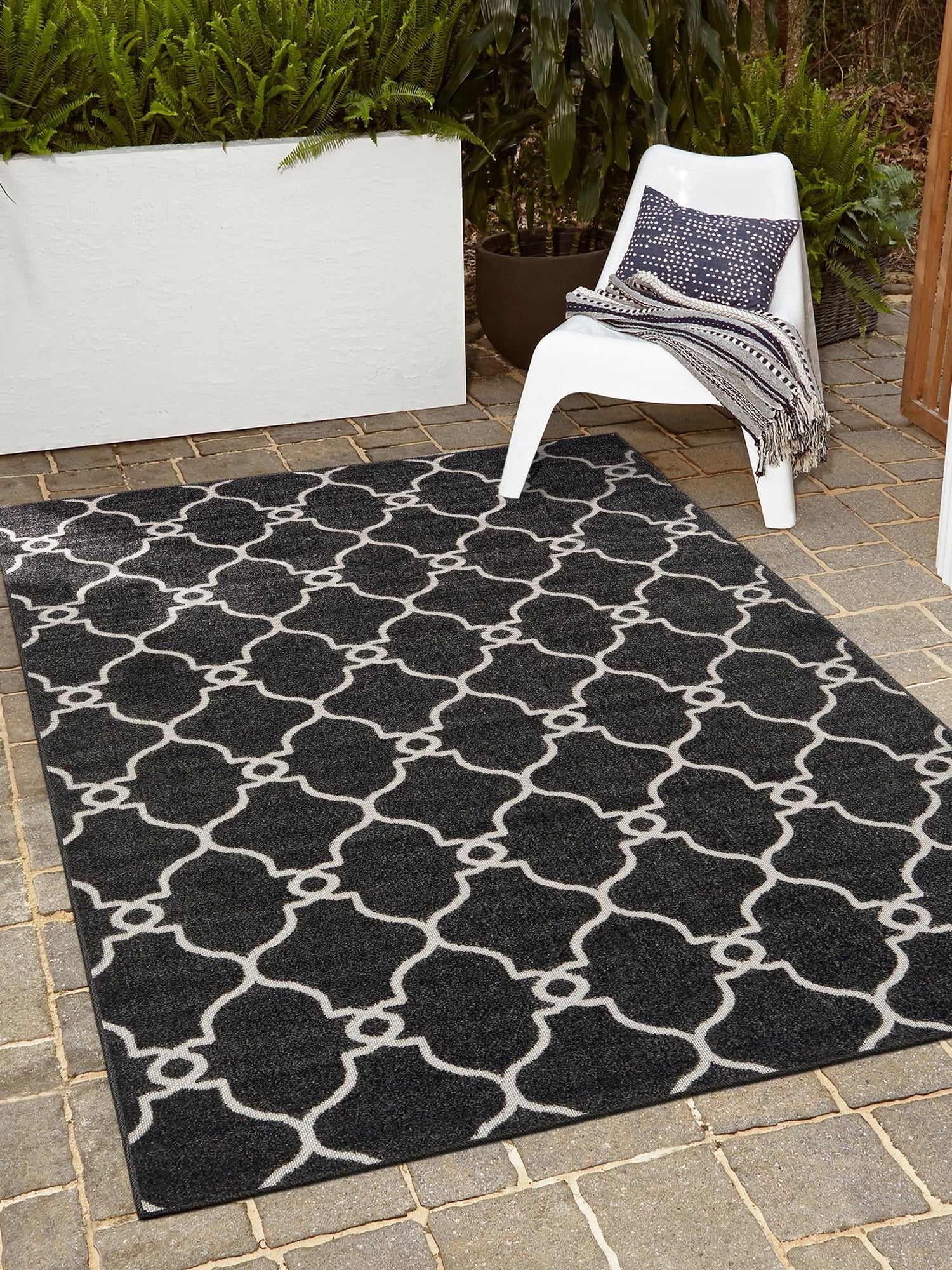 Black 7' 1 x 10' Outdoor Trellis Rectangle Area Rug Weather Resistant for Patio, Deck, Terrace, Balcony, Porch Geometric Design Water Safe Outside Carpet for Sale at Rug Engine