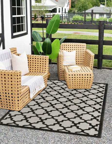Black 5' 1 x 8' Outdoor Trellis Rectangle Area Rug Weather Resistant for Patio, Deck, Terrace, Balcony, Porch Geometric Design Water Safe Outside Carpet for Sale at Rug Engine