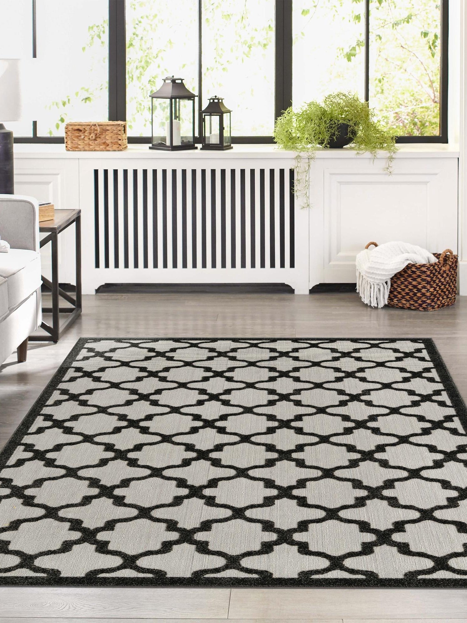 Black 8' x 10' Outdoor Trellis Rectangle Area Rug Weather Resistant for Patio, Deck, Terrace, Balcony, Porch Geometric Design Water Safe Outside Carpet for Sale at Rug Engine