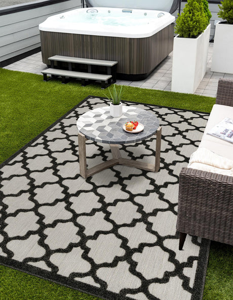 Black 5' 1 x 8' Outdoor Trellis Rectangle Area Rug Weather Resistant for Patio, Deck, Terrace, Balcony, Porch Geometric Design Water Safe Outside Carpet for Sale at Rug Engine