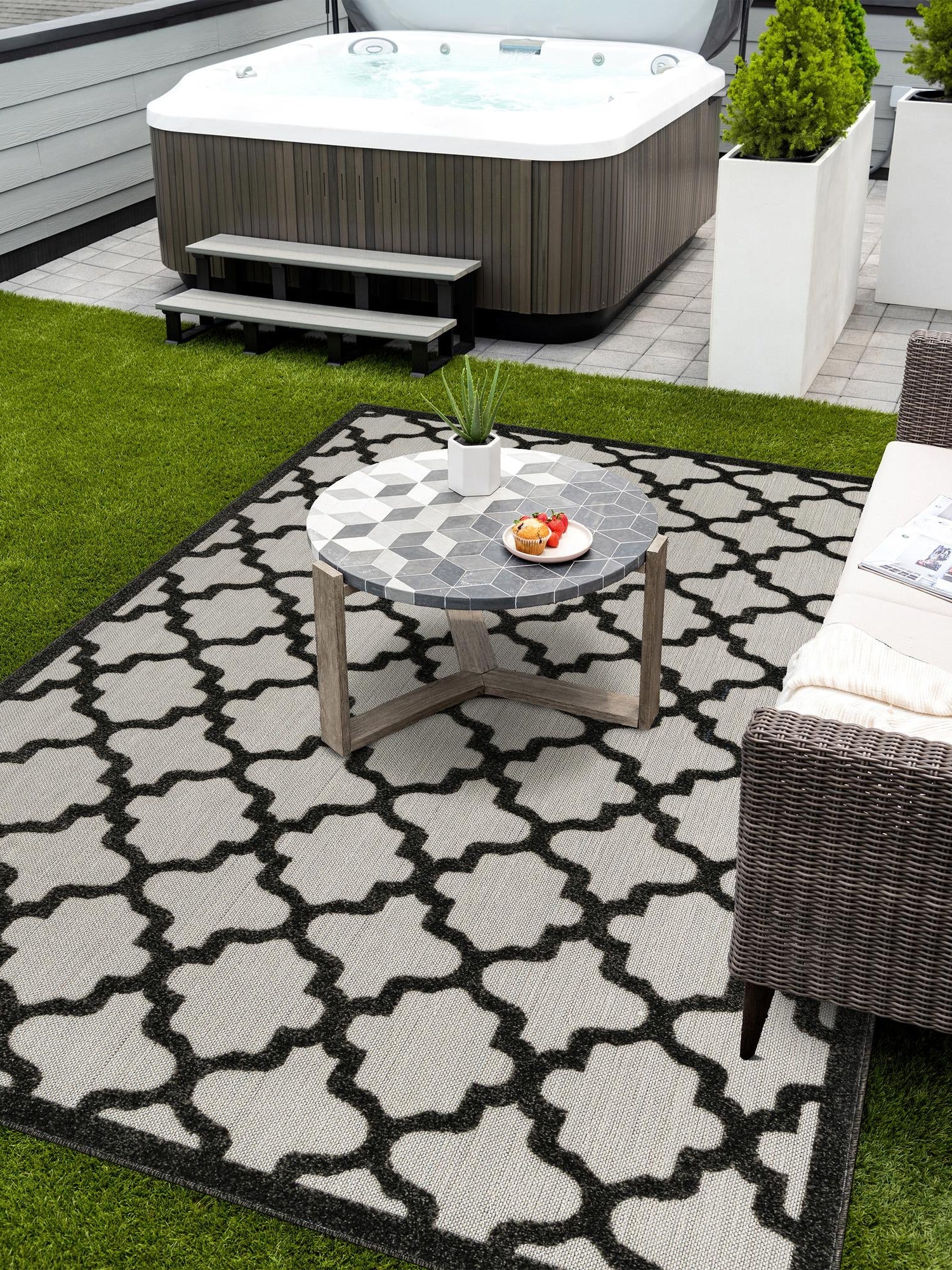 Black 6' 1 x 9' Outdoor Trellis Rectangle Area Rug Weather Resistant for Patio, Deck, Terrace, Balcony, Porch Geometric Design Water Safe Outside Carpet for Sale at Rug Engine