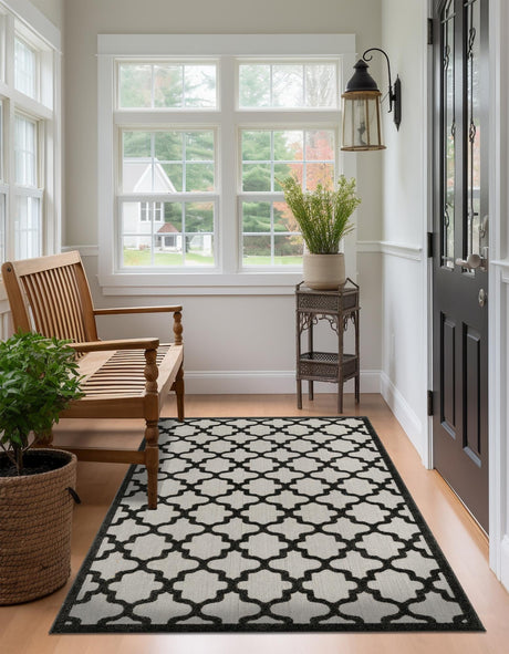 Black 5' 1 x 8' Outdoor Trellis Rectangle Area Rug Weather Resistant for Patio, Deck, Terrace, Balcony, Porch Geometric Design Water Safe Outside Carpet for Sale at Rug Engine