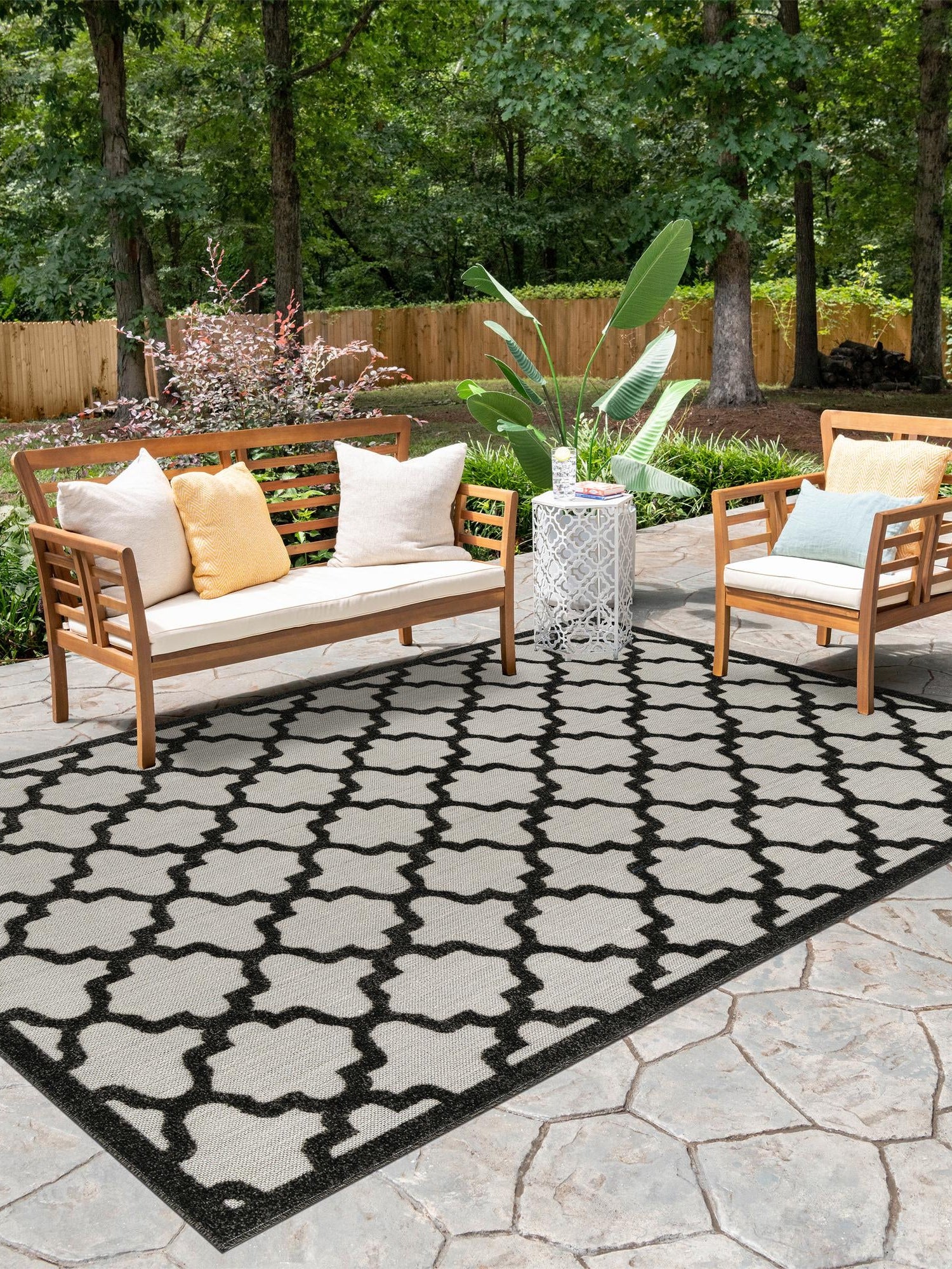 Black 4' x 6' Outdoor Trellis Rectangle Area Rug Weather Resistant for Patio, Deck, Terrace, Balcony, Porch Geometric Design Water Safe Outside Carpet for Sale at Rug Engine