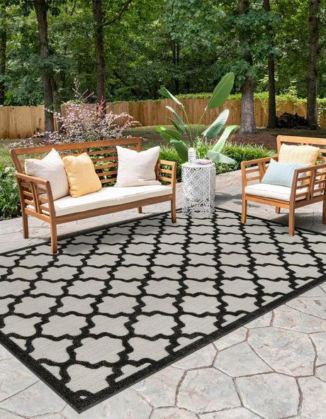 Black 5' 1 x 8' Outdoor Trellis Rectangle Area Rug Weather Resistant for Patio, Deck, Terrace, Balcony, Porch Geometric Design Water Safe Outside Carpet for Sale at Rug Engine
