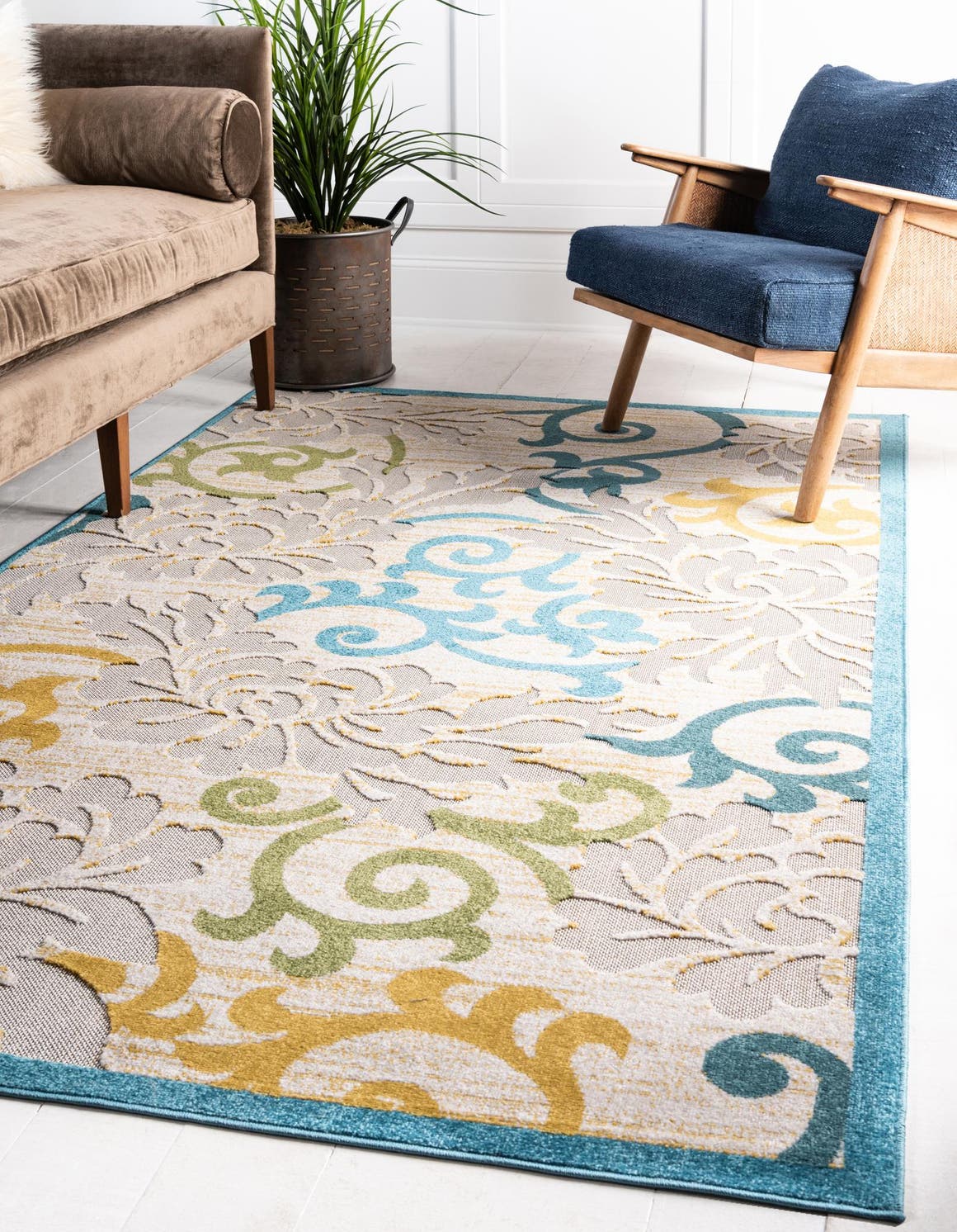 Blue 9' x 12' Outdoor Botanical Rectangle Area Rug Weather Resistant for Patio, Deck, Terrace, Balcony, Porch Polypropylene Garden Floral Tropical Carpet for Sale at Rug Engine