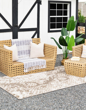Cream 7' x 10' Outdoor Modern Rectangle Area Rug Weather Resistant for Patio, Deck, Terrace, Balcony, Porch 100% Polypropylene Modern Outside Carpet for Sale at Rug Engine