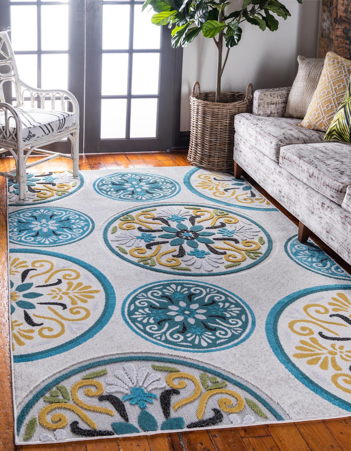 Cream 8' x 10' Outdoor Modern Rectangle Area Rug Weather Resistant for Patio, Deck, Terrace, Balcony, Porch 100% Polypropylene Modern Outside Carpet for Sale at Rug Engine