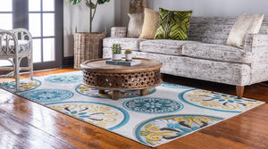 Cream 7' x 10' Outdoor Modern Rectangle Area Rug Weather Resistant for Patio, Deck, Terrace, Balcony, Porch 100% Polypropylene Modern Outside Carpet for Sale at Rug Engine