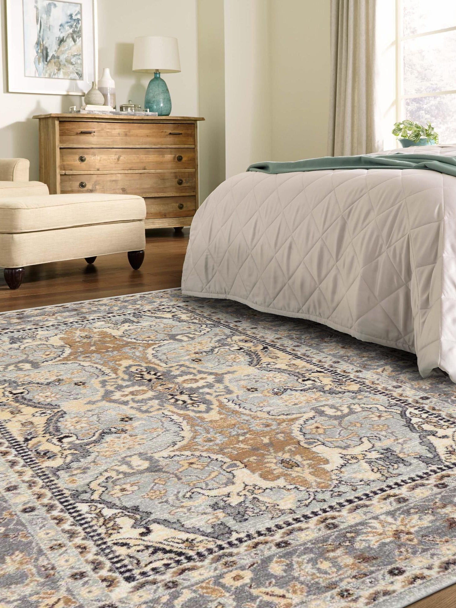 Silver 5' 1 x 8' Tradition Rectangle Area Rug Traditional Classic Vintage Design Carpet for Living Room, Bedrooms, Dining, Office Space for Sale at Rug Engine