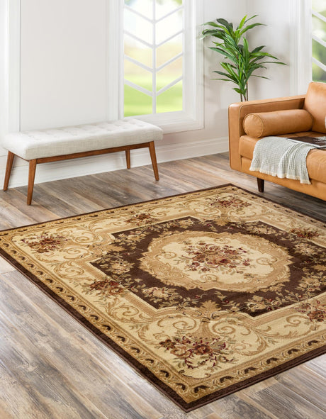 Brown 6' 1 x 6' 1 Versailles Square Area Rug Classic Traditional Motif Indoor Carpet for Hallways, Dining Rooms, Bedrooms, Living Room, Office for Sale at Rug Engine