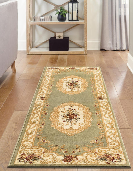 Green 2' 7 x 10' Versailles Runner Area Rug Classic Traditional Motif Indoor Carpet for Hallways, Dining Rooms, Bedrooms, Living Room, Office for Sale at Rug Engine