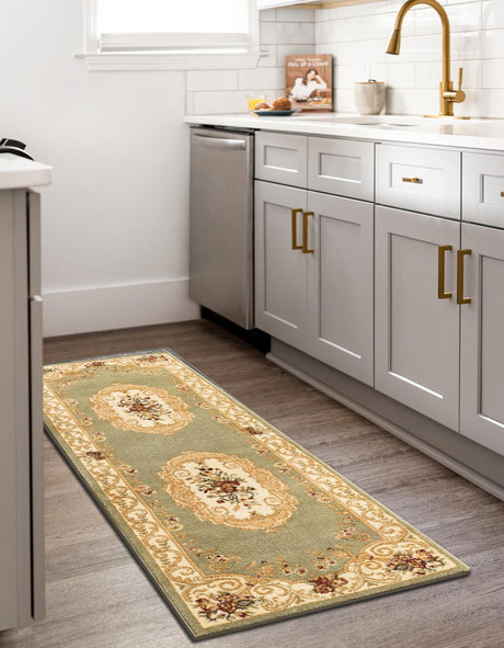 Green 2' x 7' 1 Versailles Runner Area Rug Classic Traditional Motif Indoor Carpet for Hallways, Dining Rooms, Bedrooms, Living Room, Office for Sale at Rug Engine