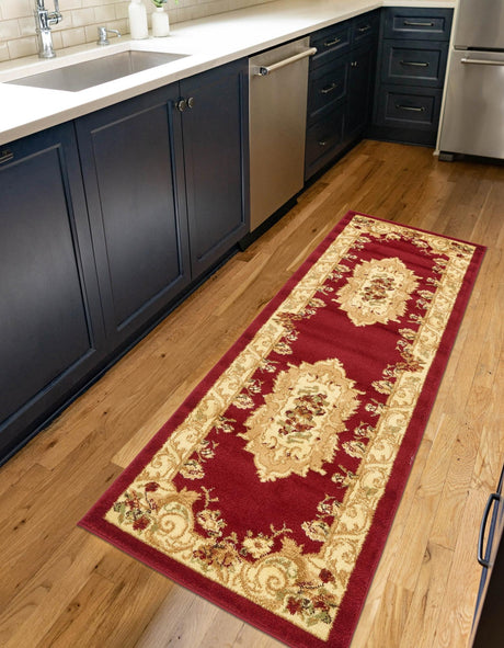 Red 2' x 6' 1 Versailles Runner Area Rug Classic Traditional Motif Indoor Carpet for Hallways, Dining Rooms, Bedrooms, Living Room, Office for Sale at Rug Engine