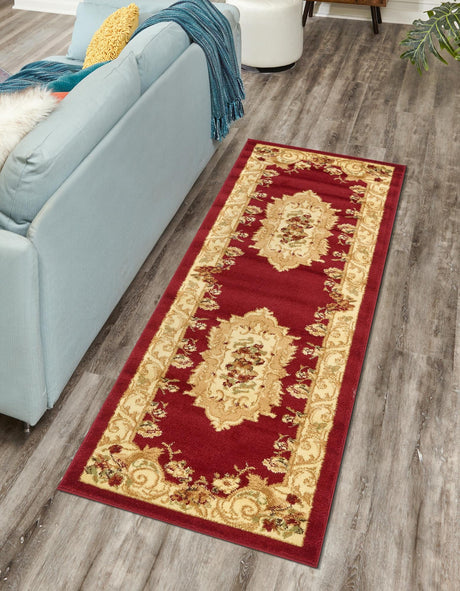 Red 2' 7 x 12' Versailles Runner Area Rug Classic Traditional Motif Indoor Carpet for Hallways, Dining Rooms, Bedrooms, Living Room, Office for Sale at Rug Engine