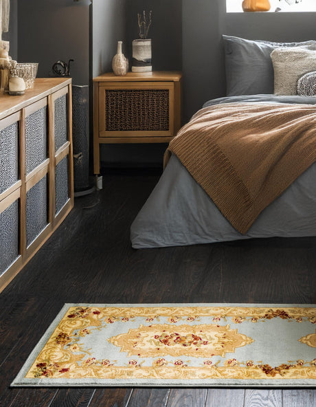 Light Blue 2' x 5' 3 Versailles Runner Area Rug Classic Traditional Motif Indoor Carpet for Hallways, Dining Rooms, Bedrooms, Living Room, Office for Sale at Rug Engine