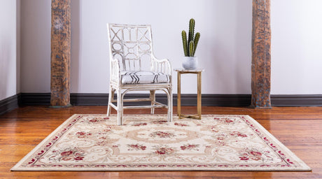 Cream 7' 1 x 7' 1 Versailles Square Area Rug Classic Traditional Motif Indoor Carpet for Hallways, Dining Rooms, Bedrooms, Living Room, Office for Sale at Rug Engine